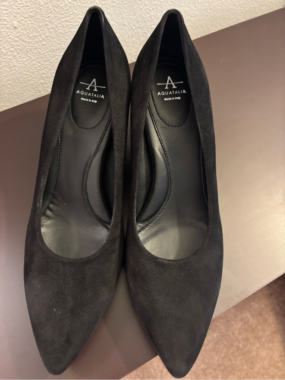 Aquatalia Black Suede Pointed Low Block 3” Heel Pumps
Size 9 1/2”